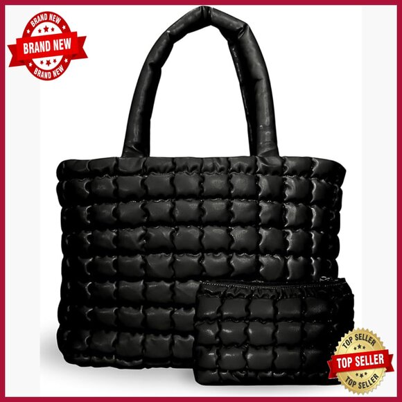 Handbags - Large Puffer Tote Bag with Insert Pouch, Quilted Polyester, 8 Pockets